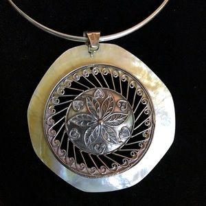 Very LARGE unusual Sterling Silver and Mother of Pearl 4X4 Medallion/ choker